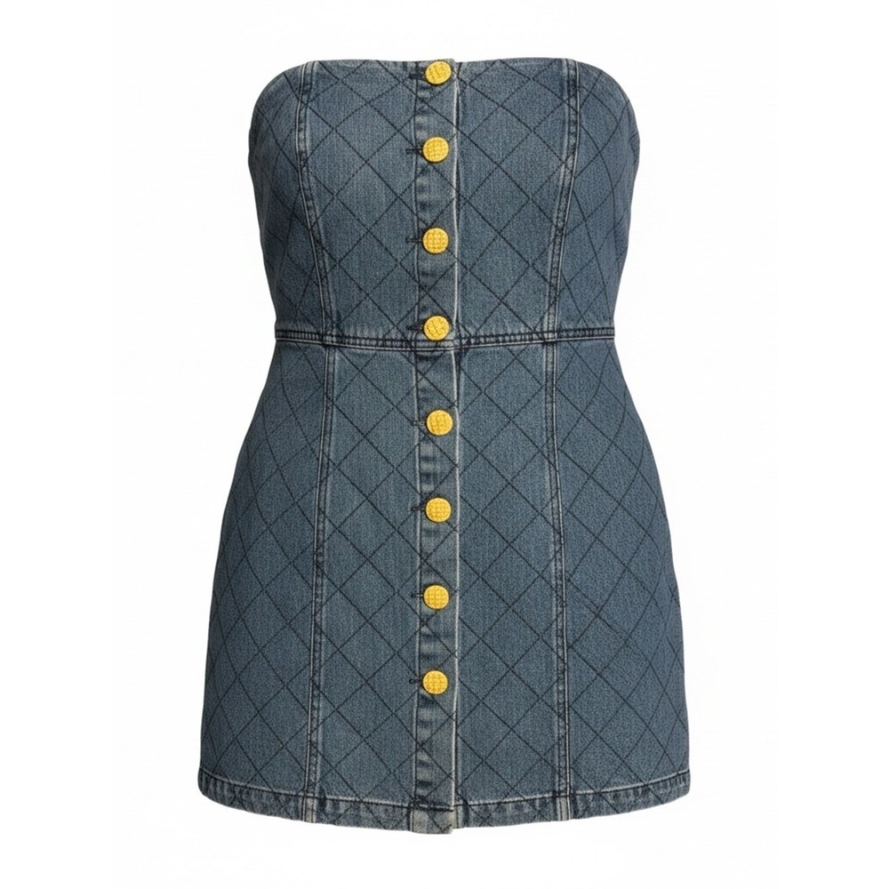 Vici Strapless Quilted Denim Mini Dress with Yellow Buttons